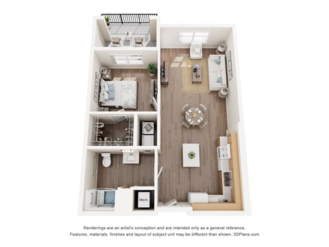 Floor plan for 1 bed, 1 bath, 747 sqft